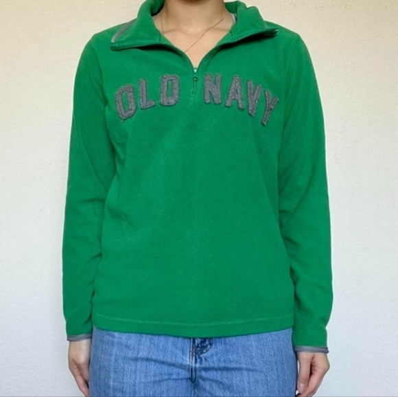 Old Navy vintage retro fleece quarter zip collar long sleeve kelly green gray M - Picture 1 of 9